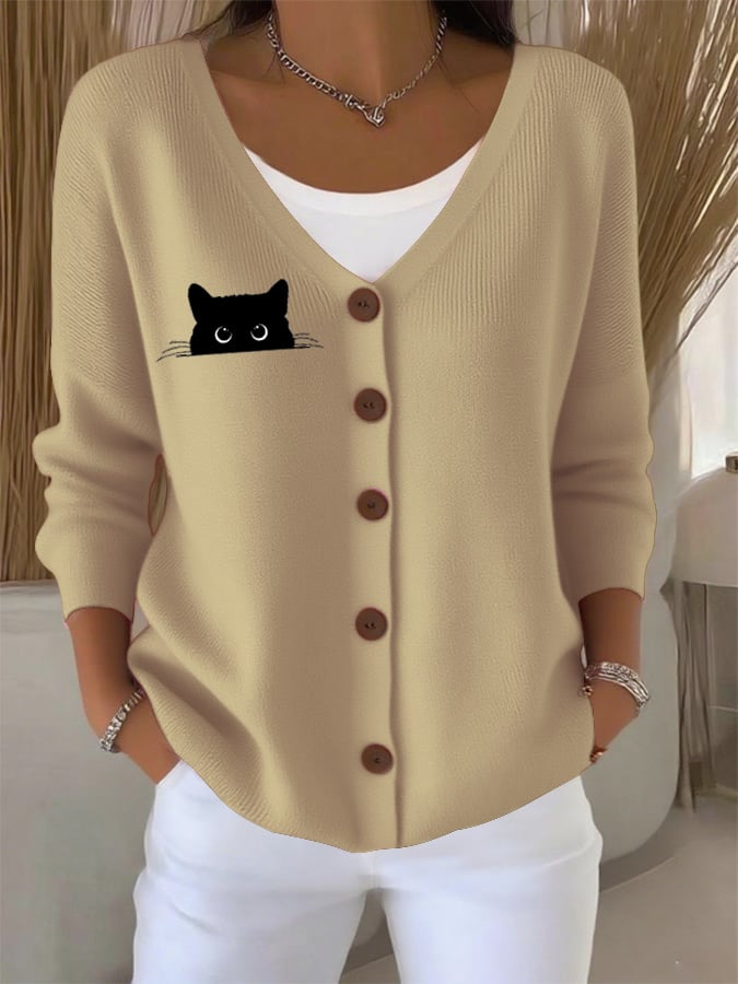 Women's Autumn Cute Black Cat Print Casual Sweater Cardigan