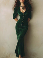 Classic Retro Puff Sleeve Deep Green Bodycon Dress