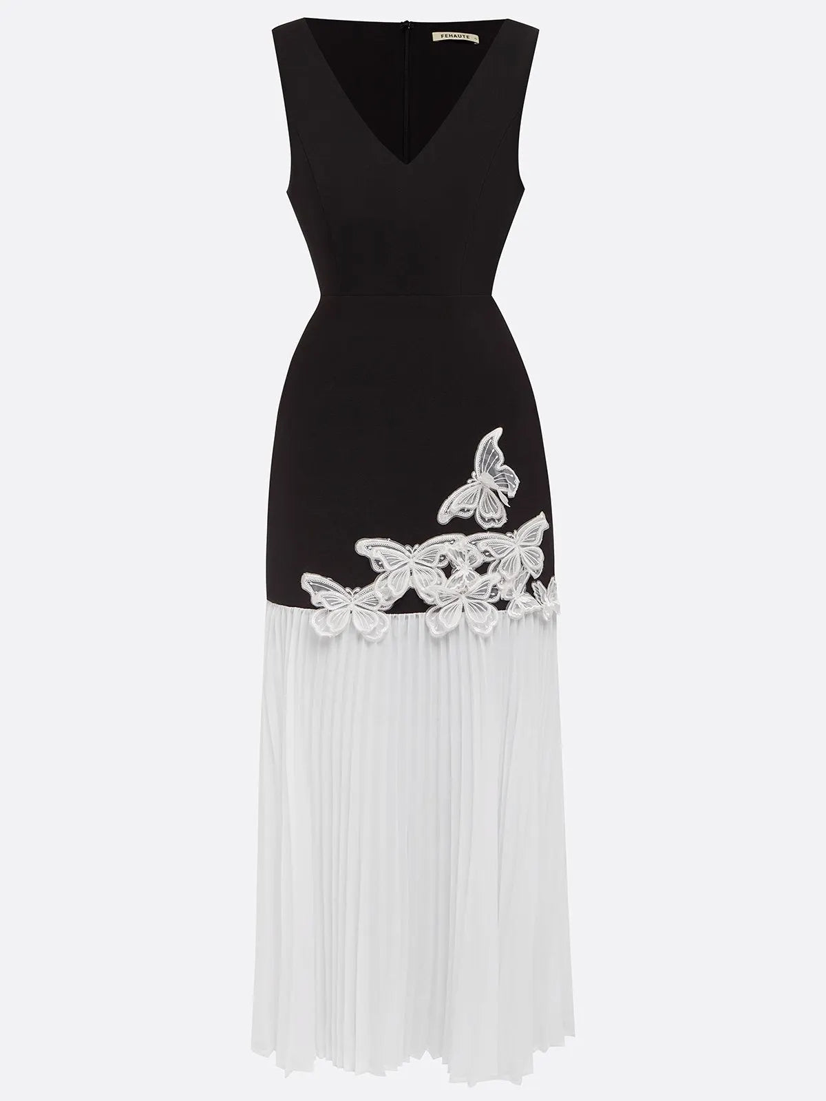 Black Pleated Applique Butterfly Classic Deep V Neck Sleeveless Mermaid Maxi Dress