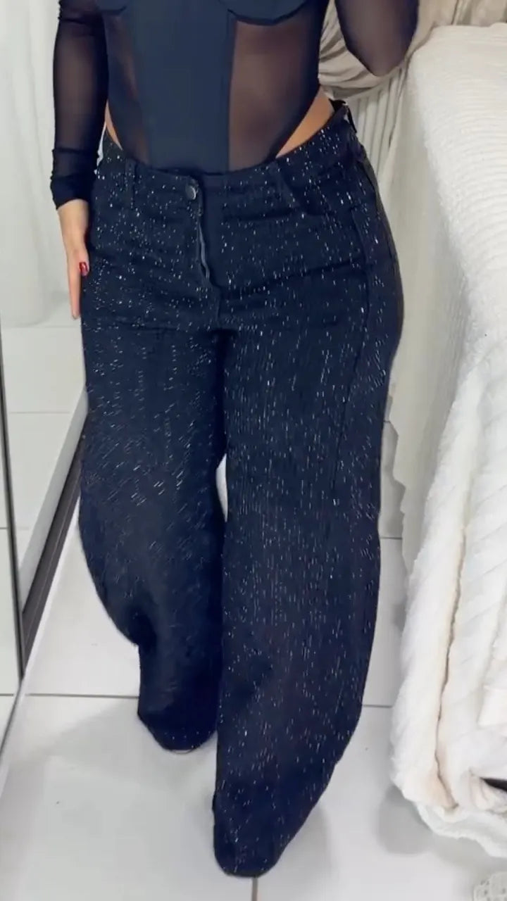 Over Rhinestone High Waist Wide Leg Jeans