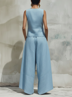 Light Blue & Yellow Colorblock Linen Two Piece Set