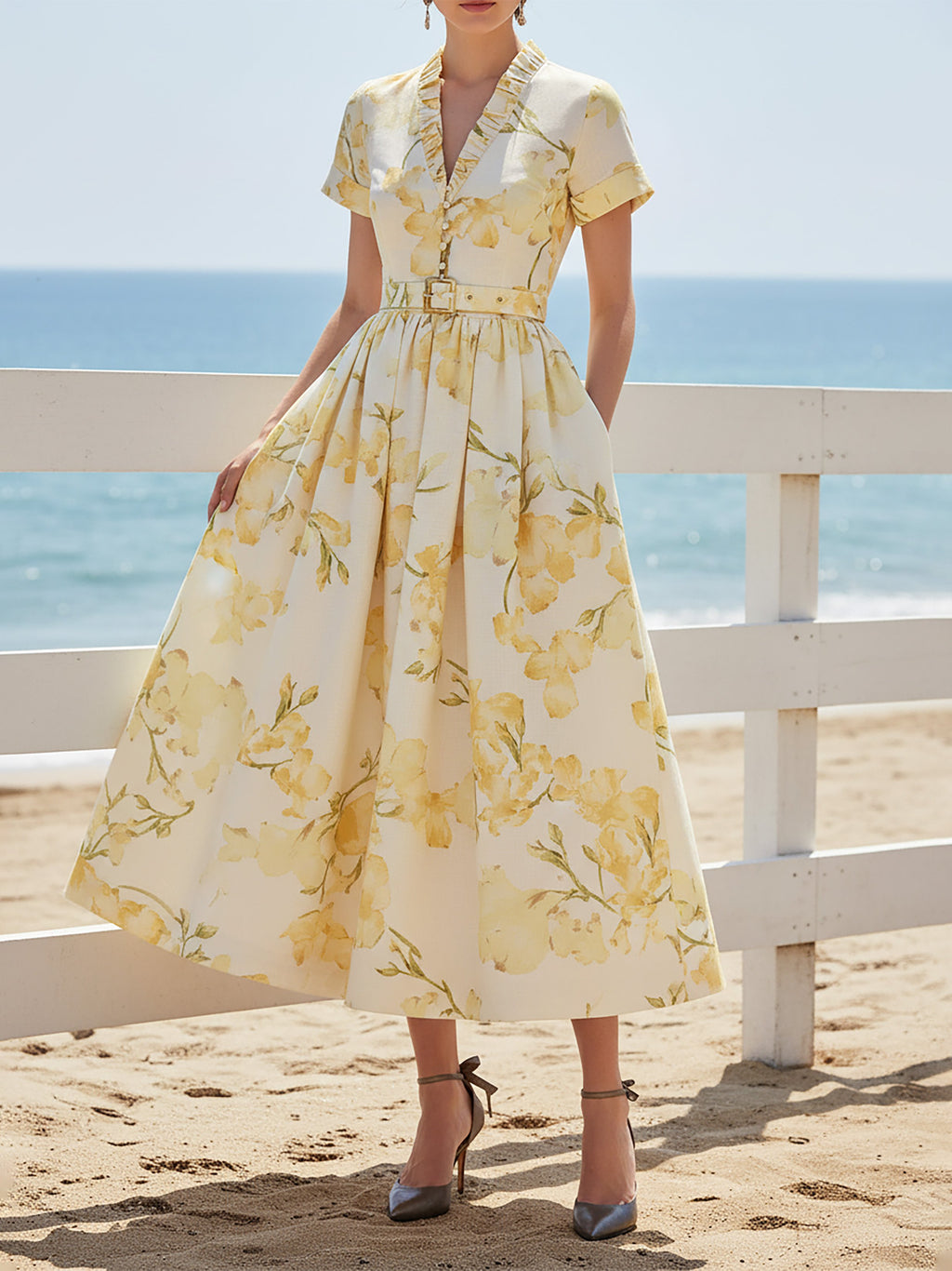 Midi Linen Dress, Short Sleeves, V Neck, Floral, Belt Design, Vintage, Yellow