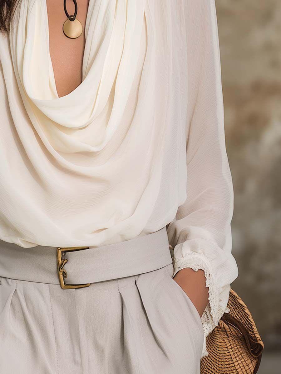 Vintage Draped Neckline Ruffled Cuffs Chiffon Blouse