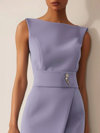 Lavender Purple Rhinestone Classic Boat Neck Sleeveless Sheath Midi Dress