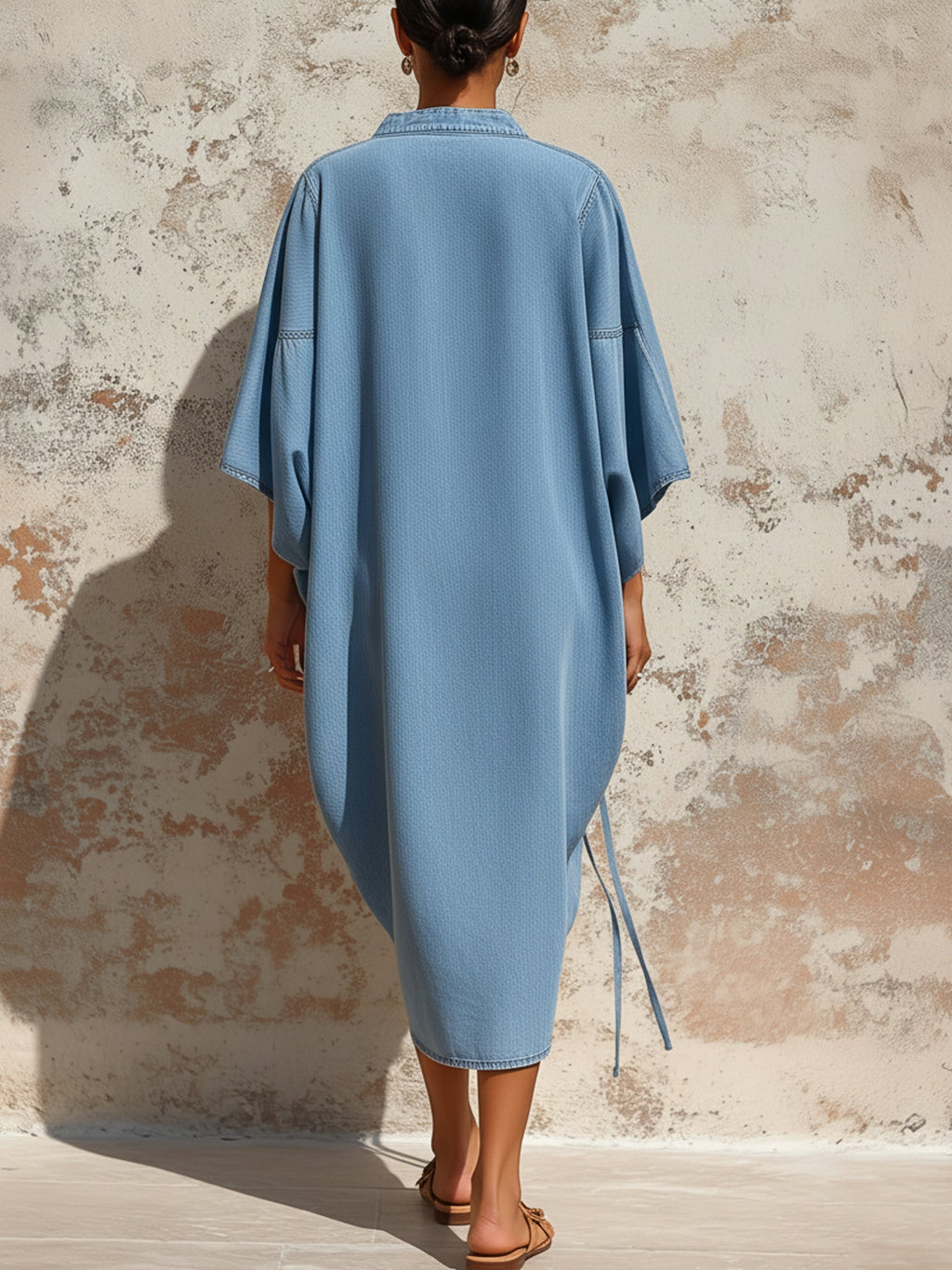 Light Blue Tencel Denim Oversized Drawstring Hem Shirt Dress