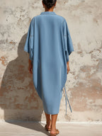 Light Blue Tencel Denim Oversized Drawstring Hem Shirt Dress
