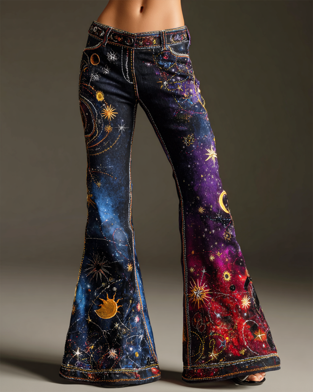 Women's autumn and winter star and moon embroidered contrast color stitching flared pants  424d