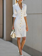 White Buckle Cotton Shirt Collar Short Sleeve Sheath Midi  Dress