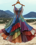 Elegant contrast color vacation rainbow maxi dress f9e7