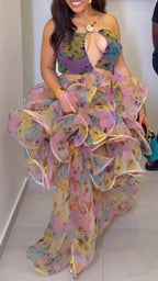 Floral Halter Cutout Ruffle Chiffon Maxi Dress