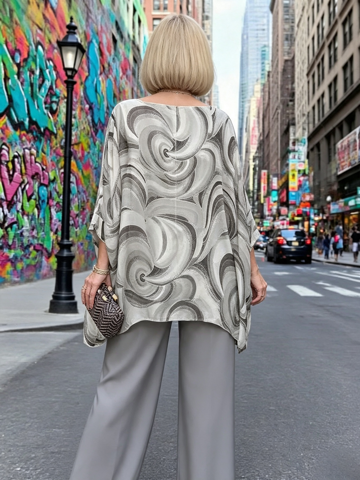 Vibrant Swirl Print Chiffon 2‐Piece Outfit, Loose Boat Neck Tunic Top & Bright Wide‐Leg Pants Set for Women