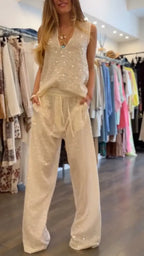 Sequin V-Neck Sleeveless Top & Drawstring Wide Leg Pant Set