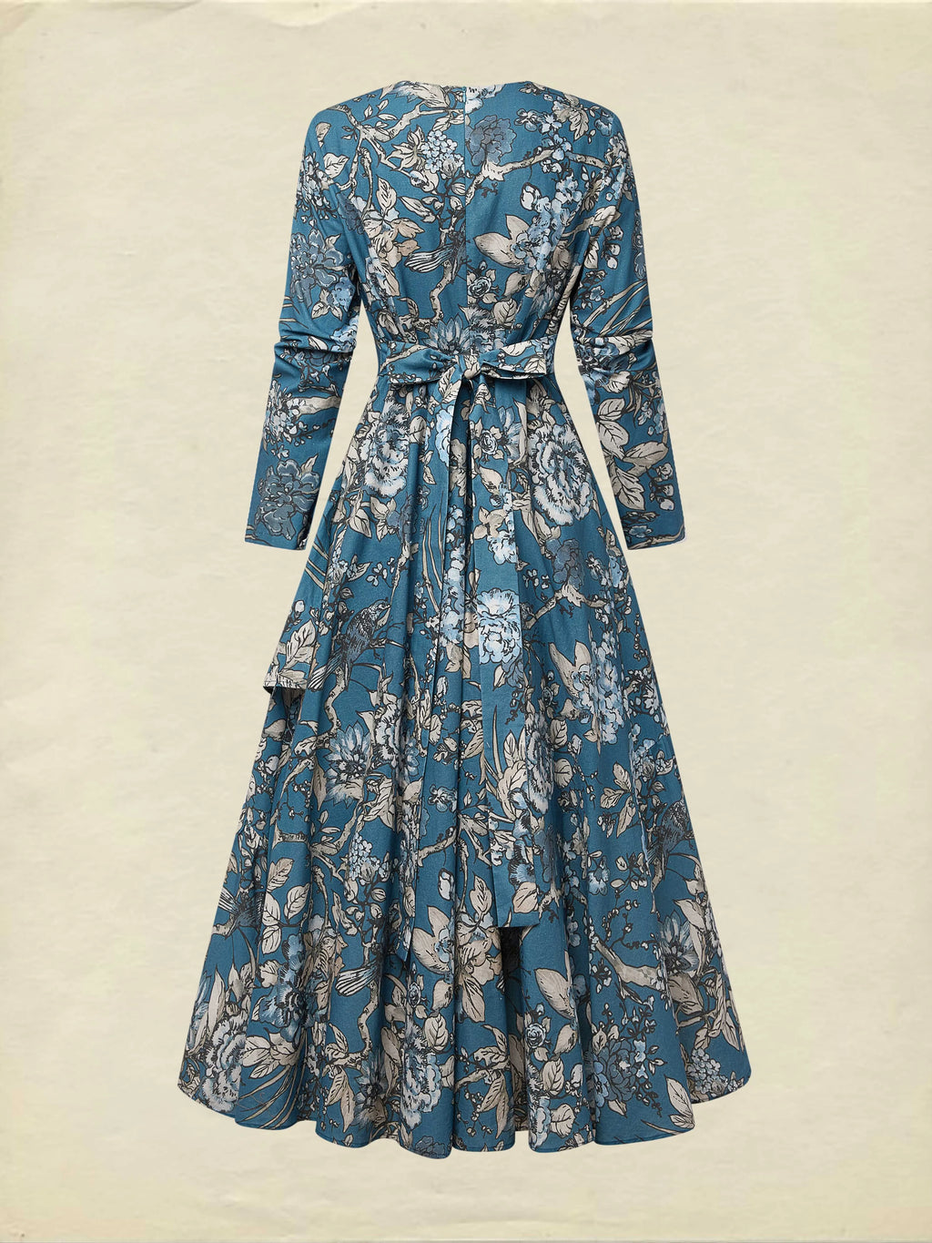 Maxi Linen Dress, Long Sleeves, Round Neck, Floral, Ruffles, Vintage, Deep Blue