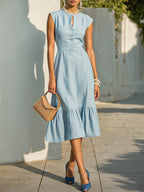 Midi Linen Dress, Crew Collar, Cap Sleeve,  Button Down, Cottagecore, Linen Blend, Blue