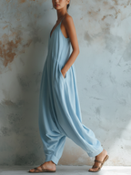 Light Blue Linen Tencel Loose Jumpsuit