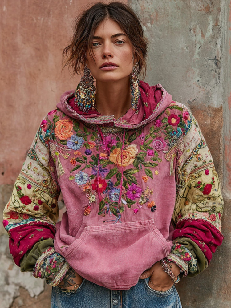 Women's Vintage Bohemian Floral Embroidery Patchwork Art Casual Hoodie