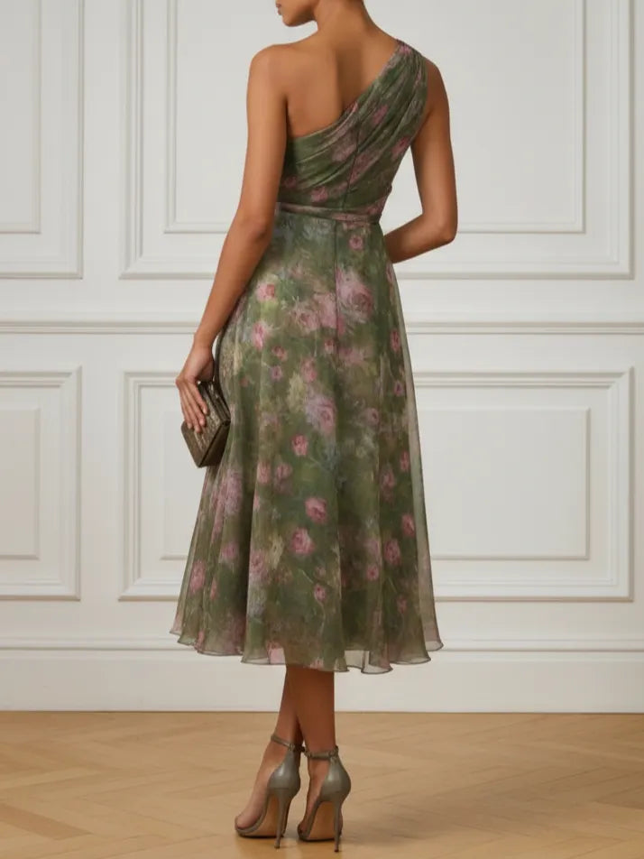 Green Floral Ruched Chiffon One Shoulder Sleeveless A-Line Midi Dress