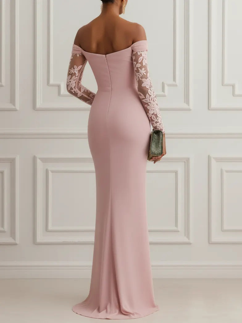 Pink Lace Knit Off The Shoulder Long Sleeve Sheath Gown Dress