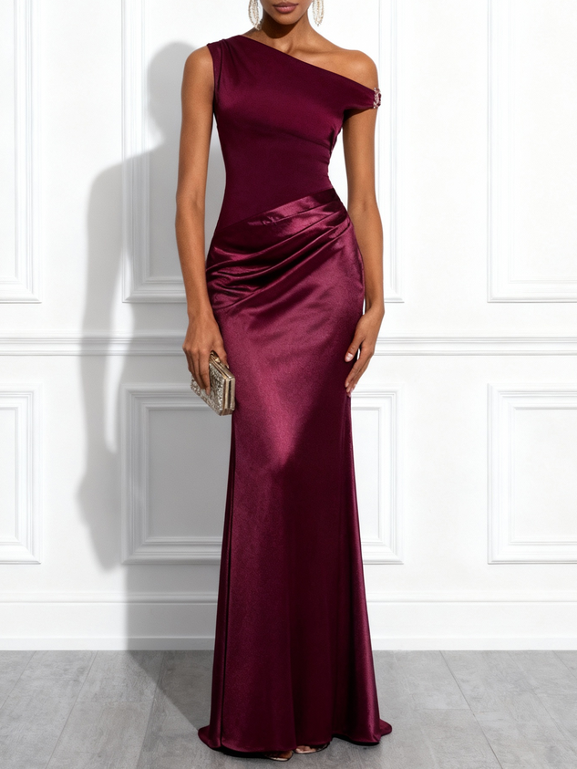 Burgundy Split Joint Ruched Satin One Shoulder Sleeveless Mermaid Maxi Dress