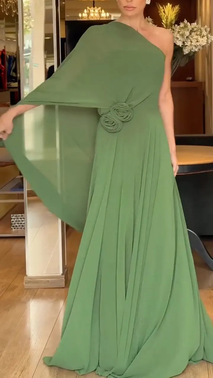 One Shoulder Cape Sleeve Floral Detail Chiffon Maxi Dress