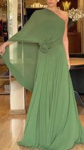 One Shoulder Cape Sleeve Floral Detail Chiffon Maxi Dress