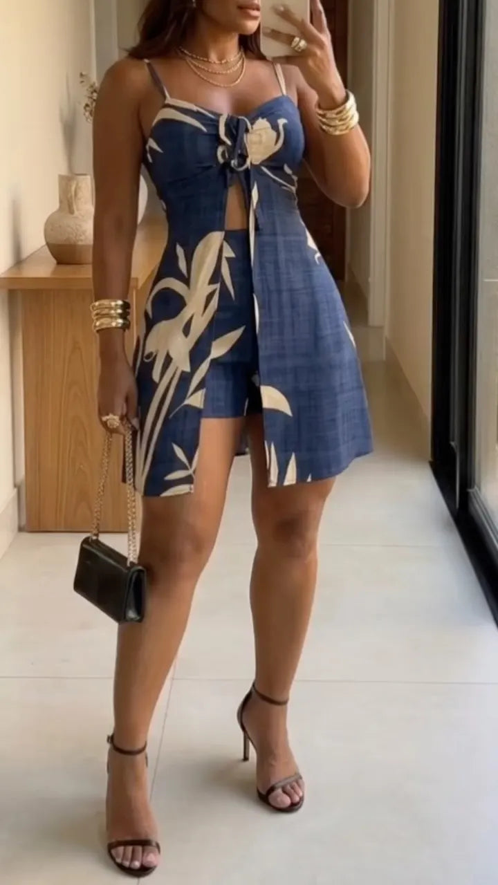 Blue Tropical Leaf Print Cutout Skort Set
