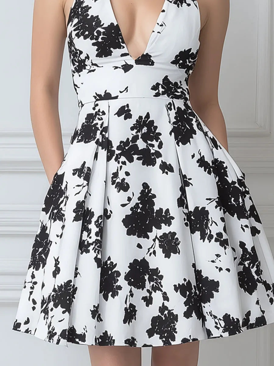 Black & White Floral Print Halter Neck A-Line Mini Dress