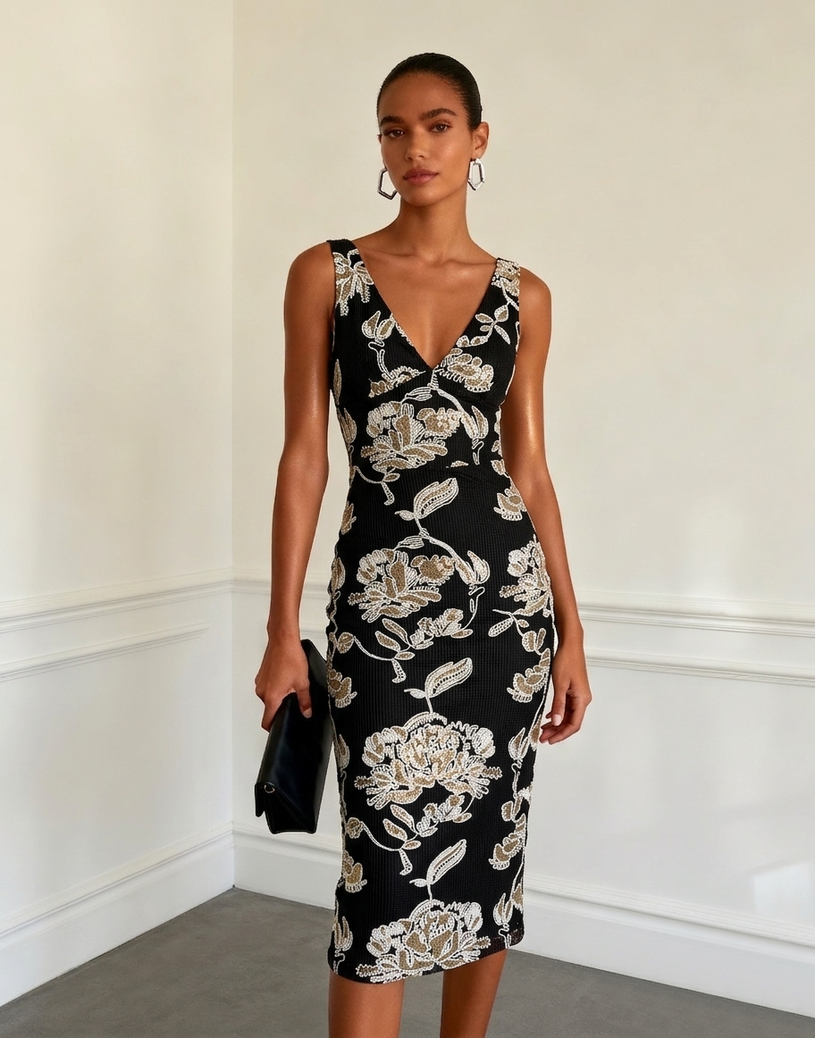 Black Jacquard Classic V Neck Sleeveless Sheath Midi Dress