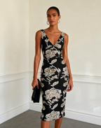 Black Jacquard Classic V Neck Sleeveless Sheath Midi Dress