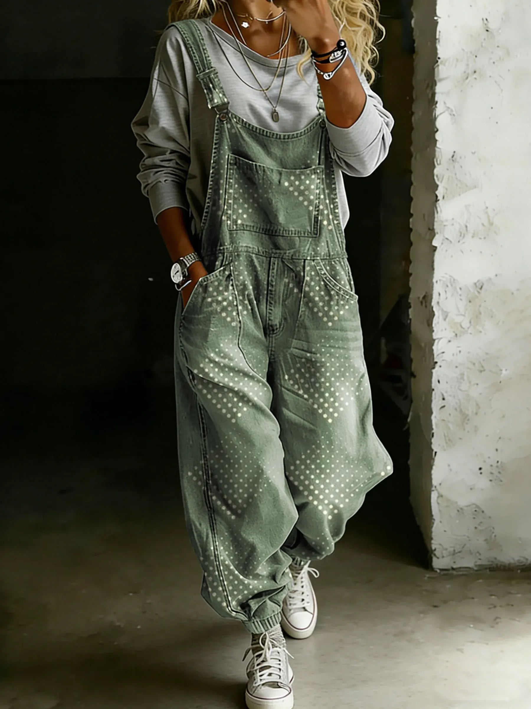 Women’s Vintage Green Art Print Casual One Piece Denim Jumpsuit