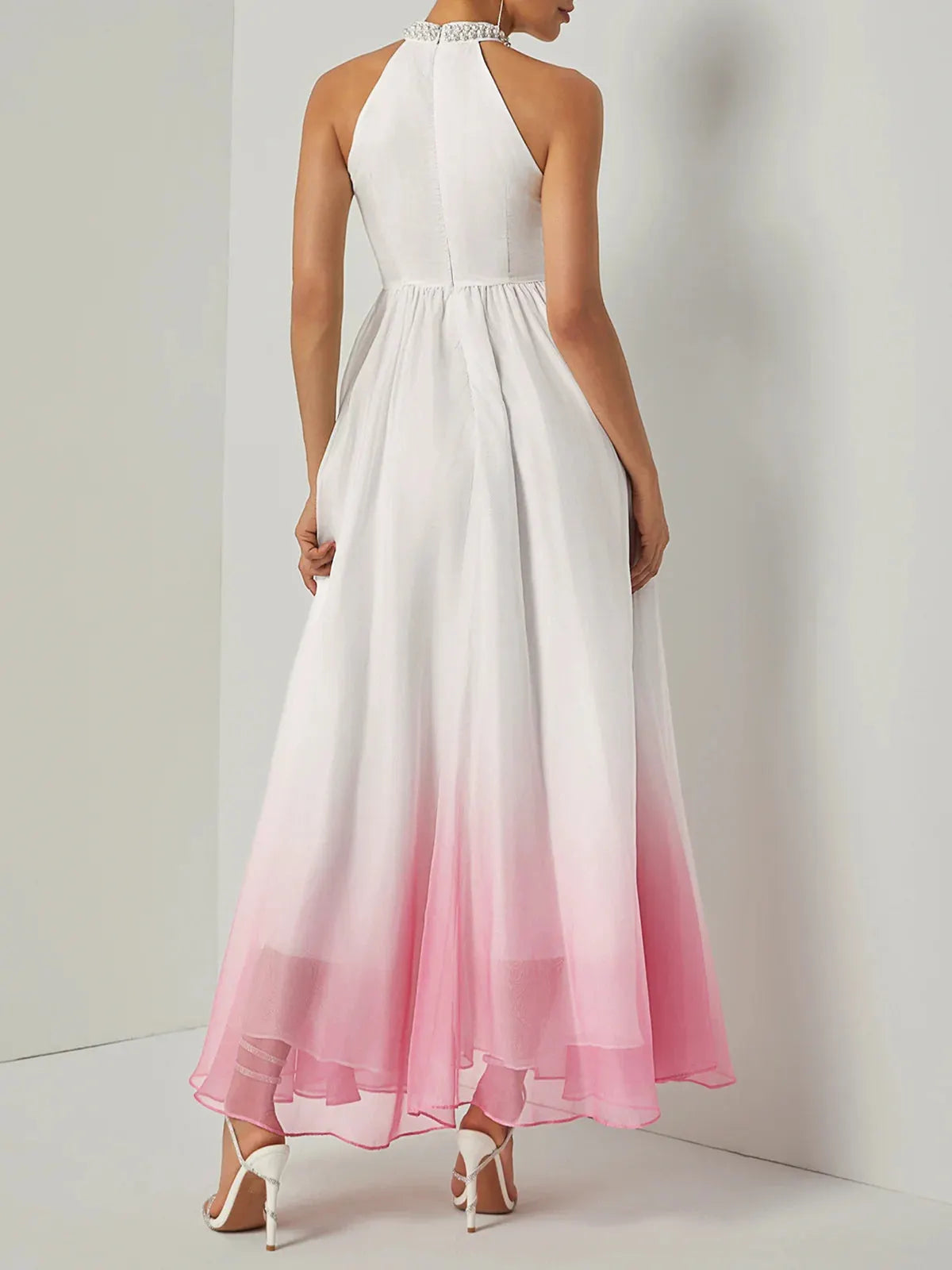 White Pink Chiffon Halter Ombre Imitation Pearl Cut Out Sleeveless A-Line Mock Neck Maxi Dress
