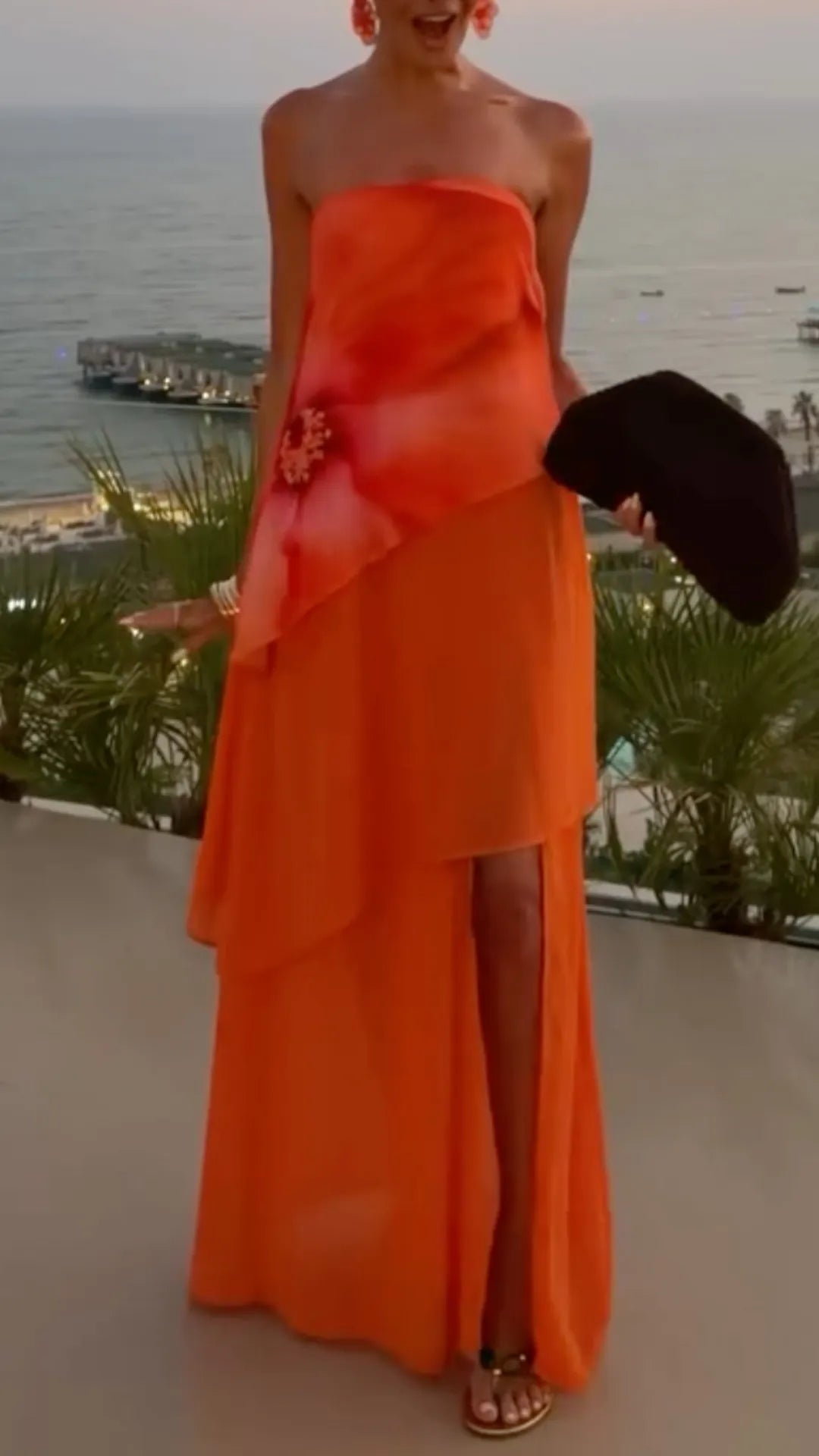 Orange Chiffon Slit Maxi Dress