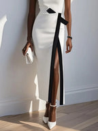 White Piping Classic Boat Neck Sleeveless Sheath Maxi Dress