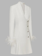 White Feather-trimmed Buckle Classic V Neck Stand Collar Long Sleeve A-Line Mini Dress