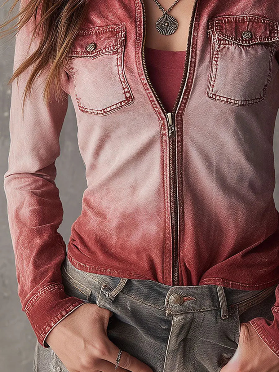 Casual Gradient Wash Faded Red Ombre Zip-Up Denim Shirt