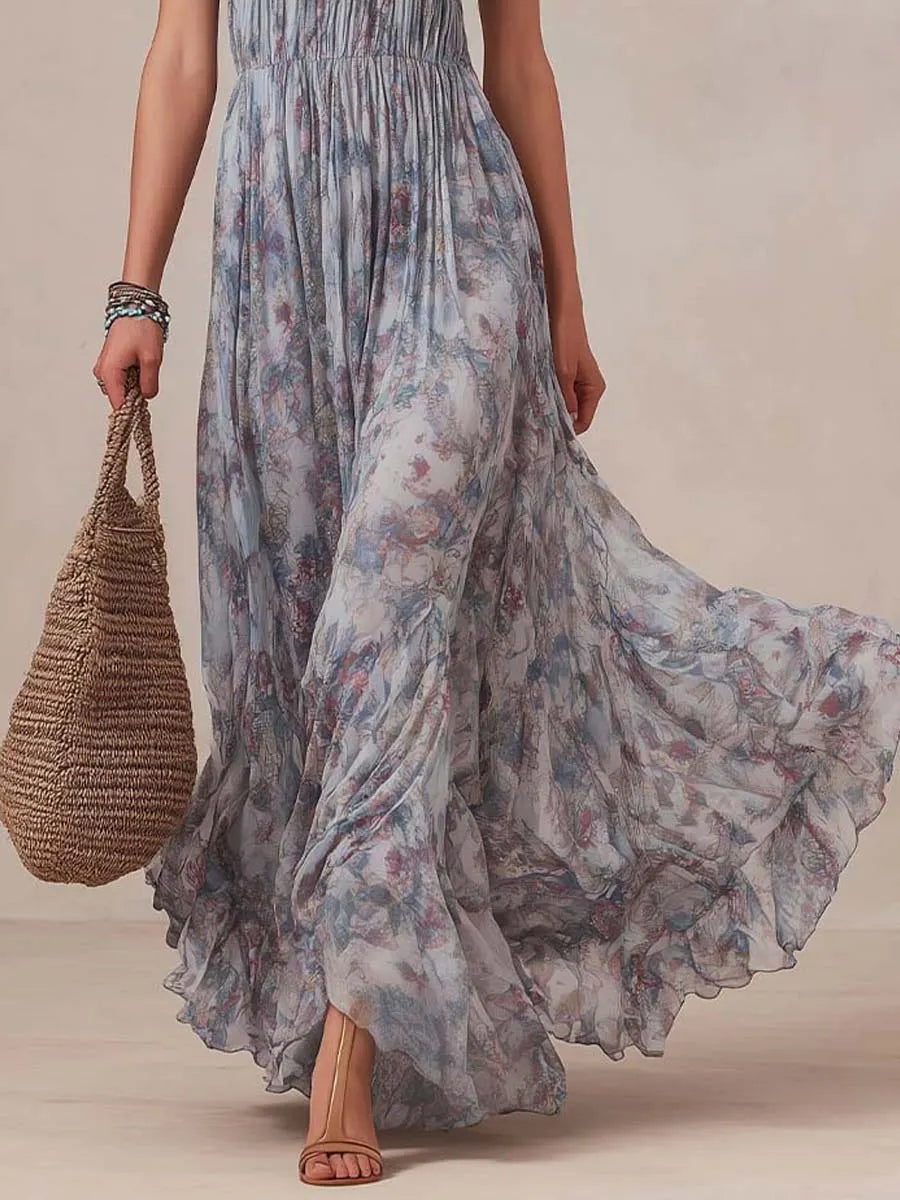 Bohemian Halter Smocked Floral Tiered Maxi Dress