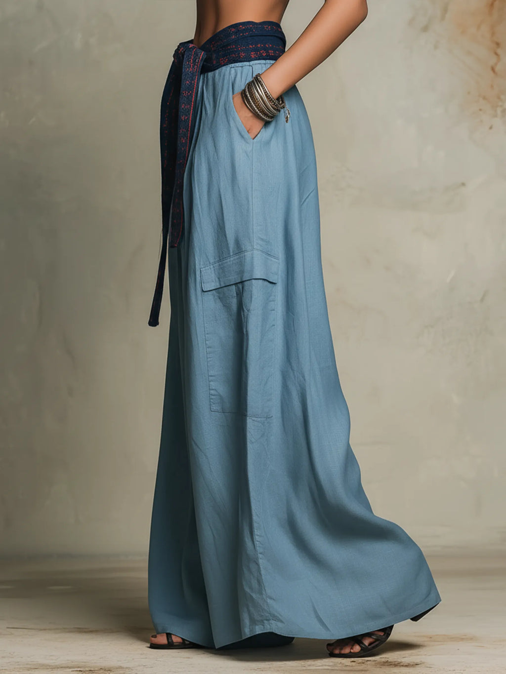 Dusty Blue Patchwork Waist Oversized Wide-Leg Cargo Pants
