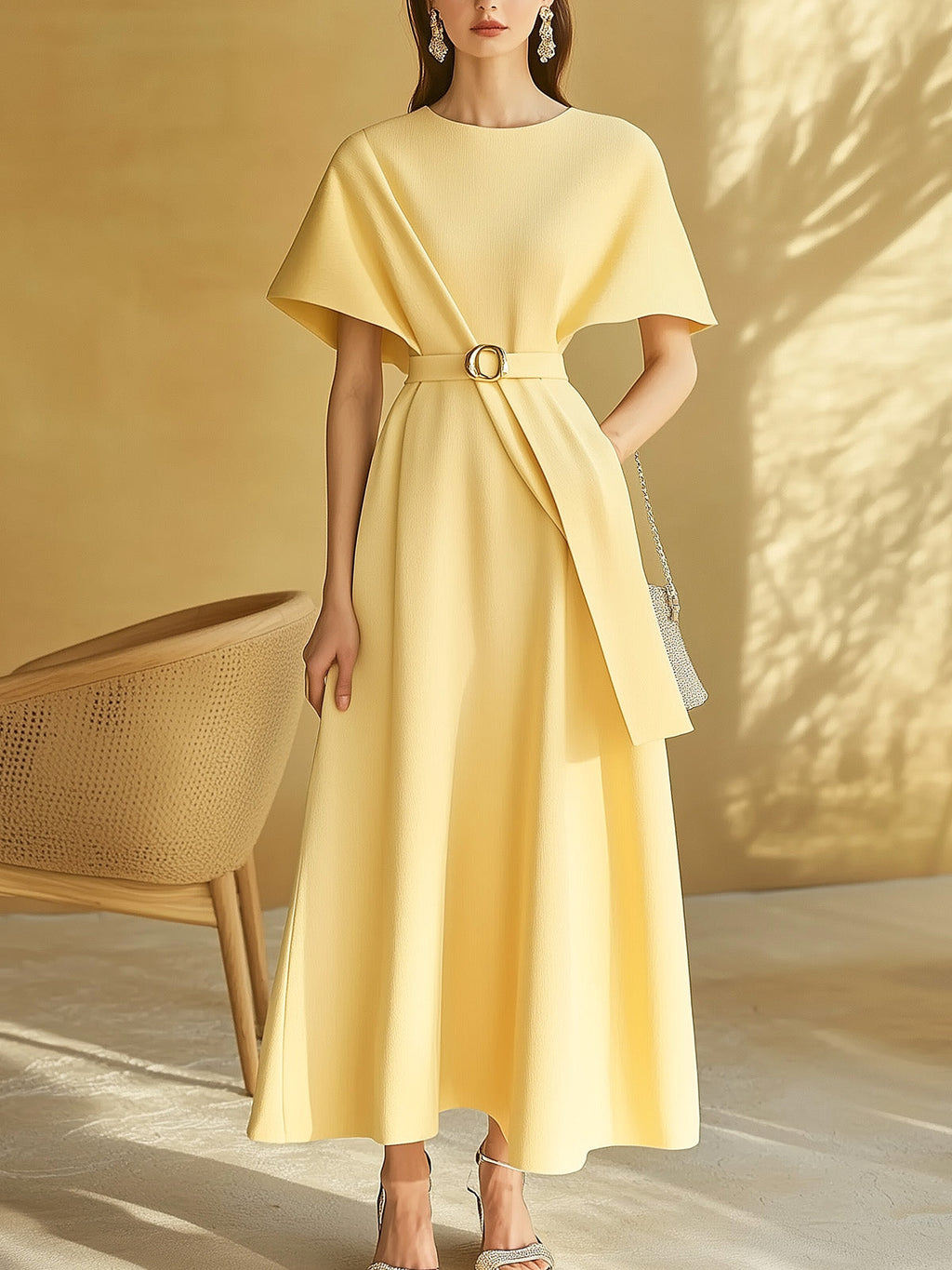 Pale Yellow A-Line Dress with Waist Adornment