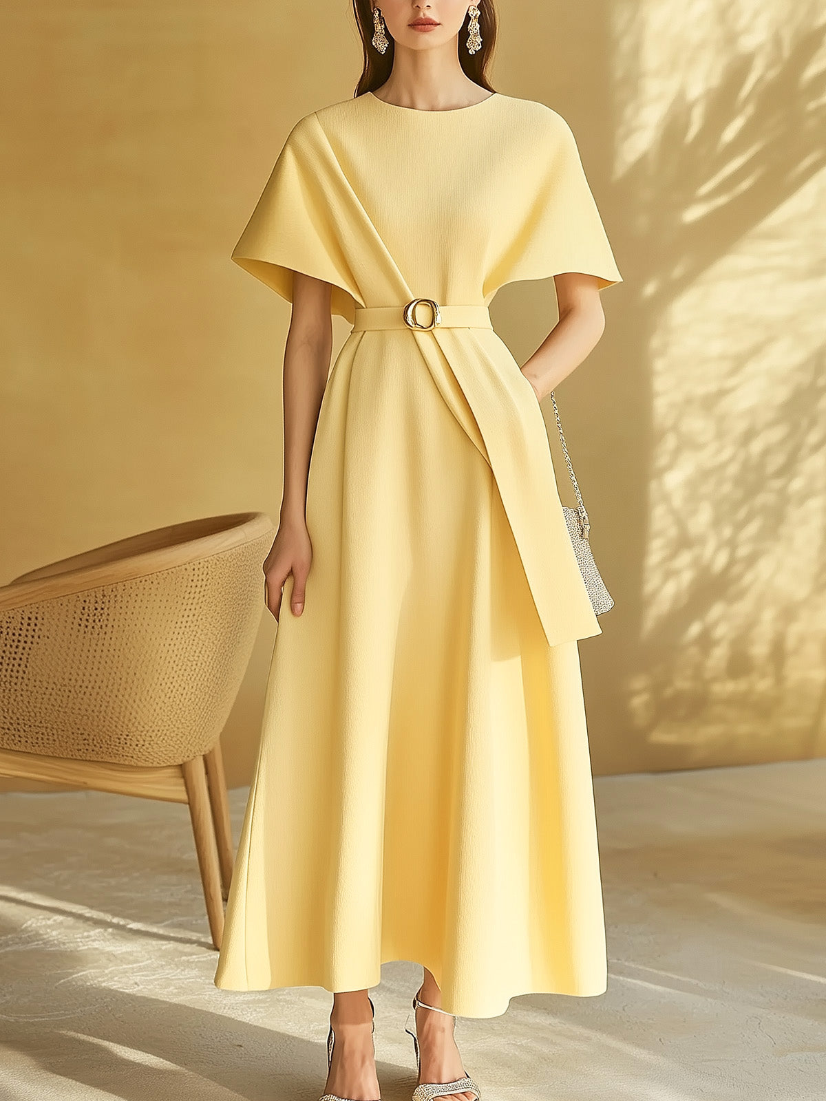 Pale Yellow A-Line Dress with Waist Adornment