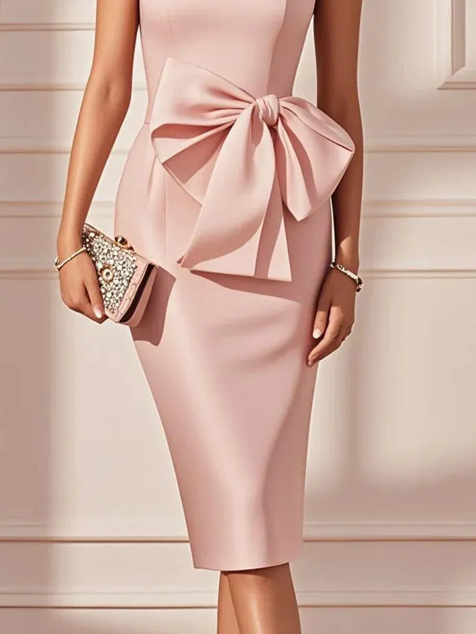 Pink Hotfix Embellished Bow Satin Square Neck Sleeveless Sheath Midi Dress