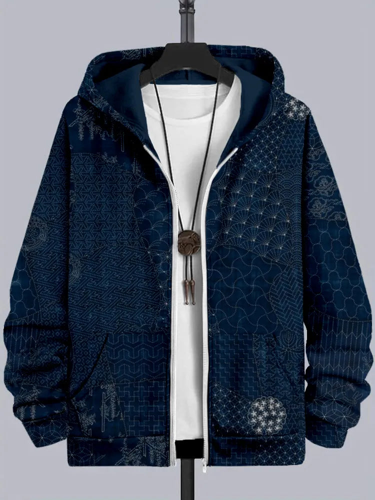 Men's Japanese Traditional Sashiko Art Comfy Full Zip Hoodie