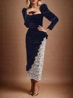 Black Lace Ruffled Velvet Square Neck Long Sleeve Sheath Midi Dress