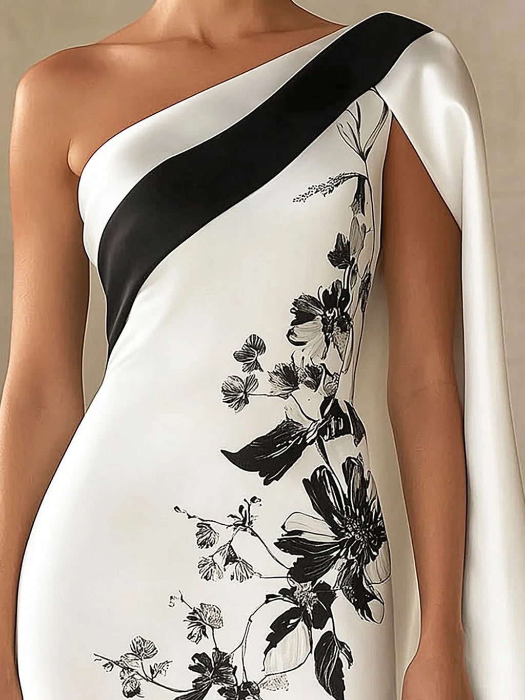 One-Shoulder Cape Sleeve Dress with Floral Print