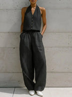 Casual Sleeveless Striped Linen And Cotton Top And Pants Two-piece Set