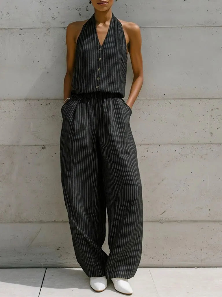 Casual Sleeveless Striped Linen And Cotton Top And Pants Two-piece Set