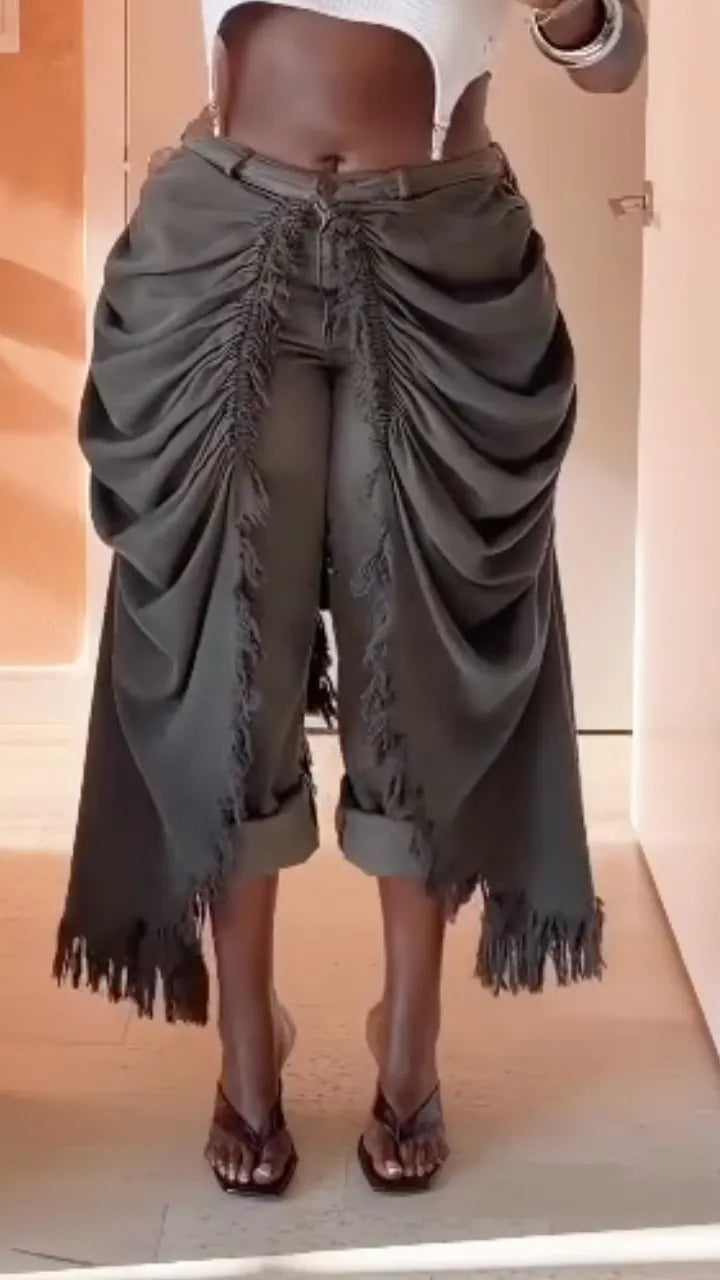 Dark Grey Front Ruched Fringe Asymmetric Capri Pants