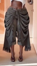 Dark Grey Front Ruched Fringe Asymmetric Capri Pants