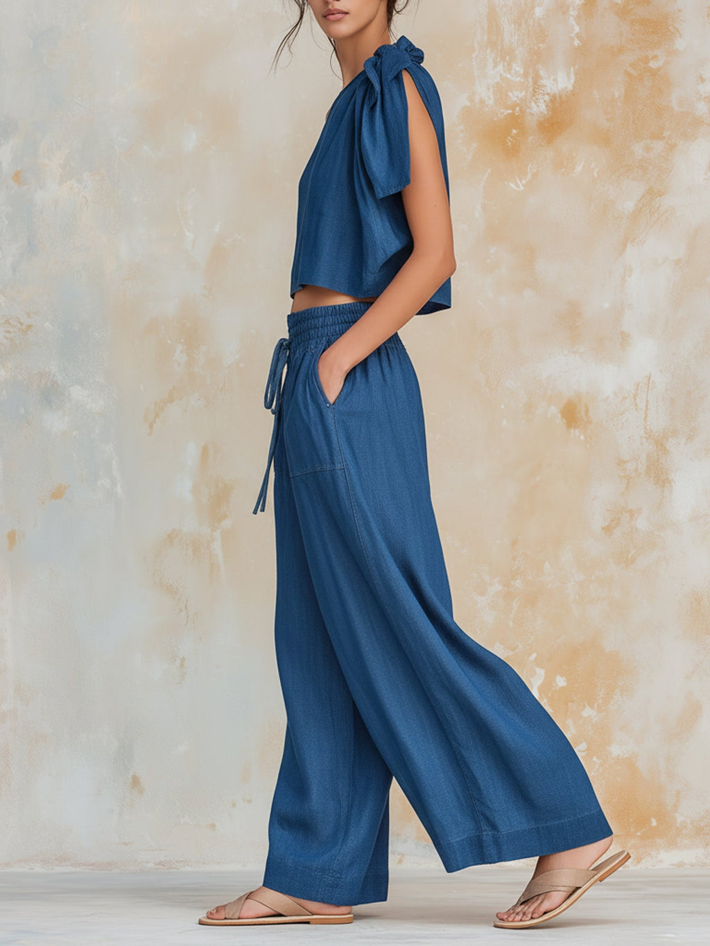 One-Shoulder Bow Tie Tencel Denim Two-Piece Set