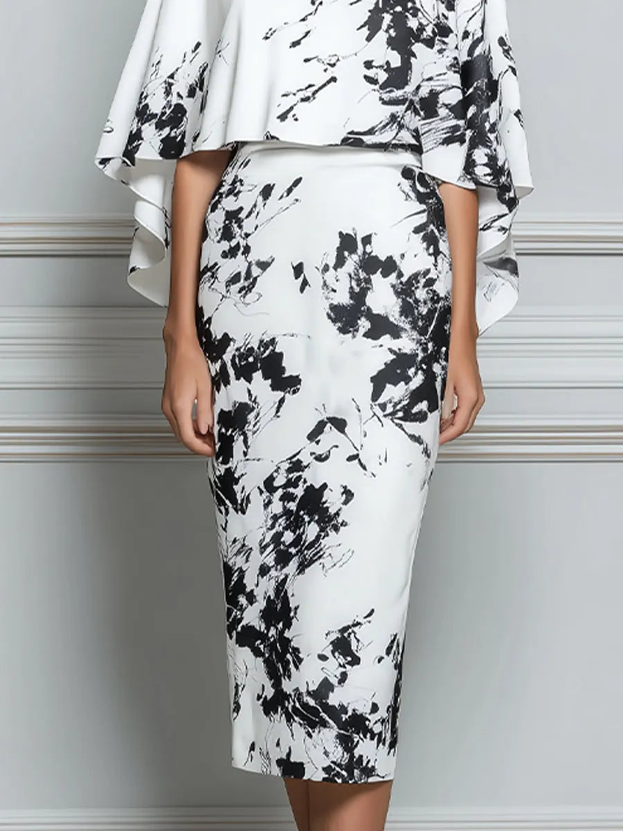 Abstract Print Sheath Dress With Detachable Capelet