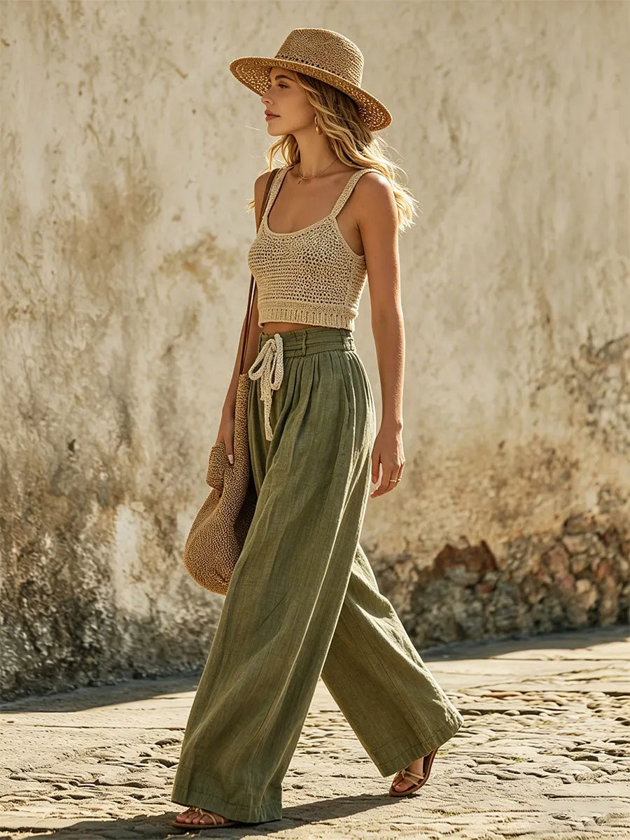 Casual Retro Mesh Knit Vest And Green Cotton Linen Wide-leg Pants Set